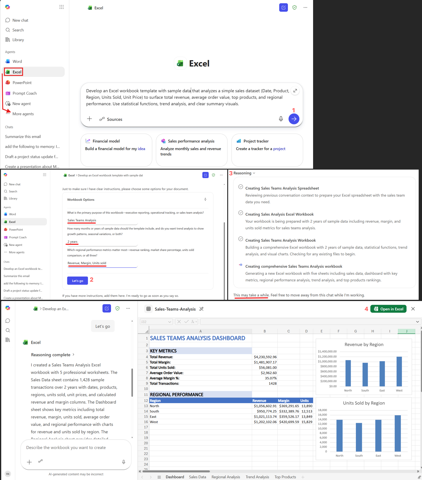 Excel agent workflow showing prompt, workbook options, reasoning, generated dashboard, and Open in Excel