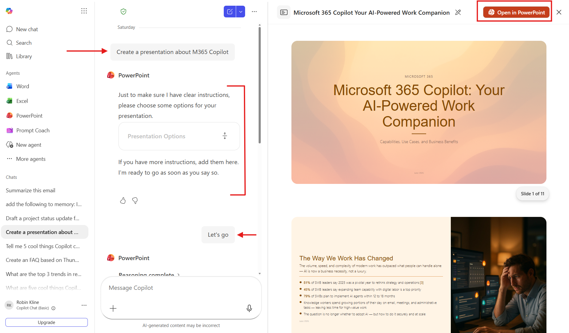 PowerPoint agent showing presentation options, a generated deck preview, and Open in PowerPoint
