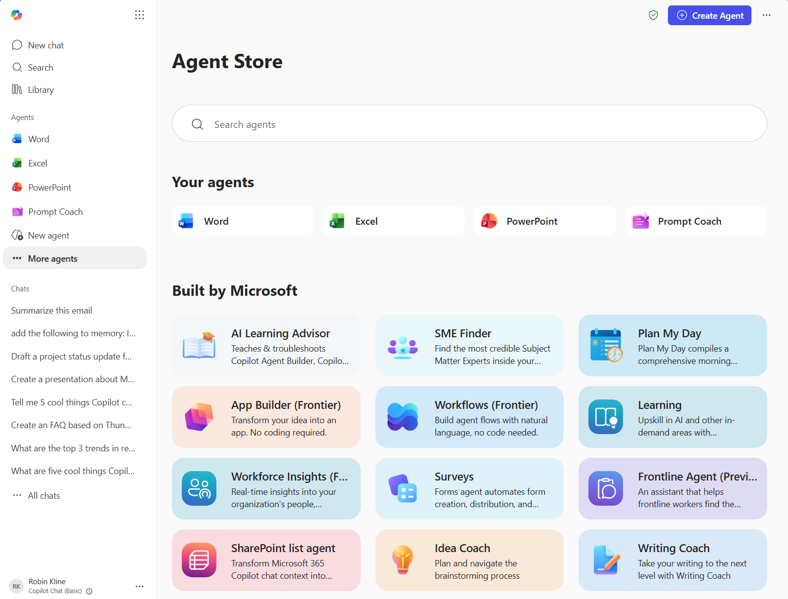 Agent Store showing search, your agents, and Microsoft-built agent cards