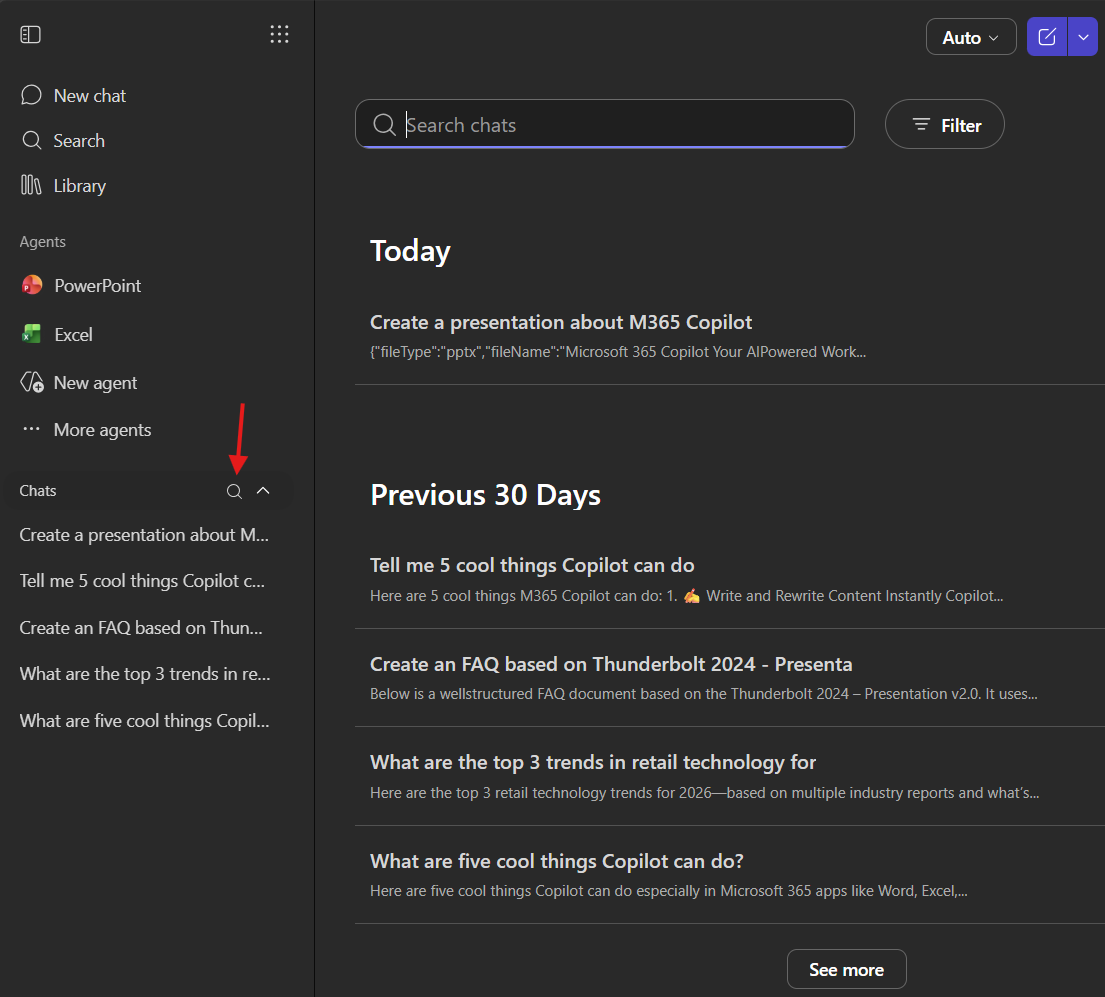 Chat search showing conversation history organized by Today and Previous 30 Days with search and filter options