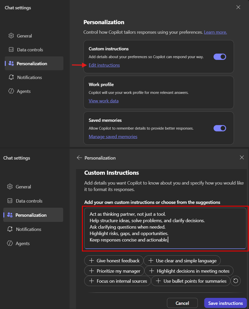 Custom Instructions settings showing personalization options and instruction editor