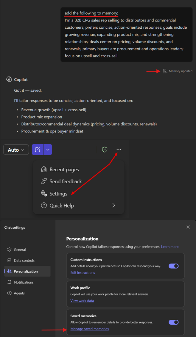 Saved memories showing how to add context and manage memories in settings