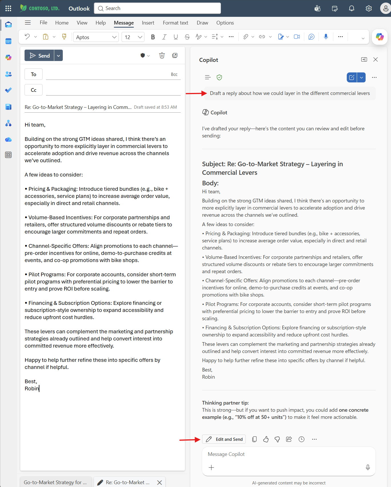 Copilot drafting a reply in Outlook with Edit and Send button and Thinking Partner coaching tip