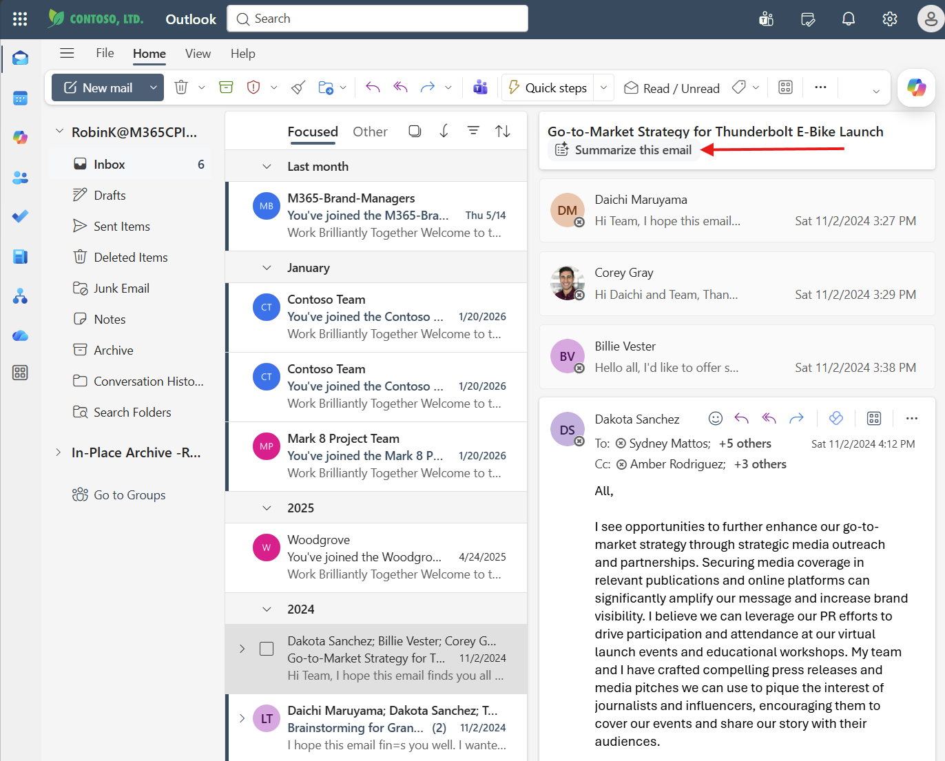 Outlook inbox with Summarize this email button highlighted