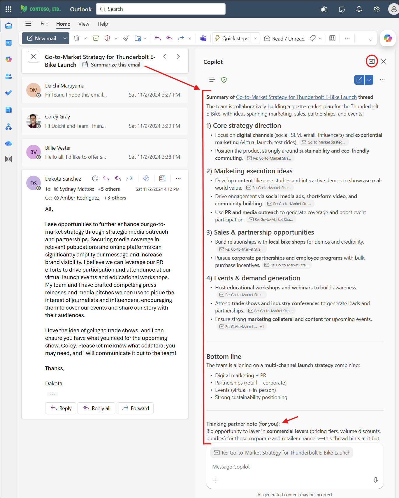 Copilot side pane with structured summary, source citations, and Thinking Partner coaching note