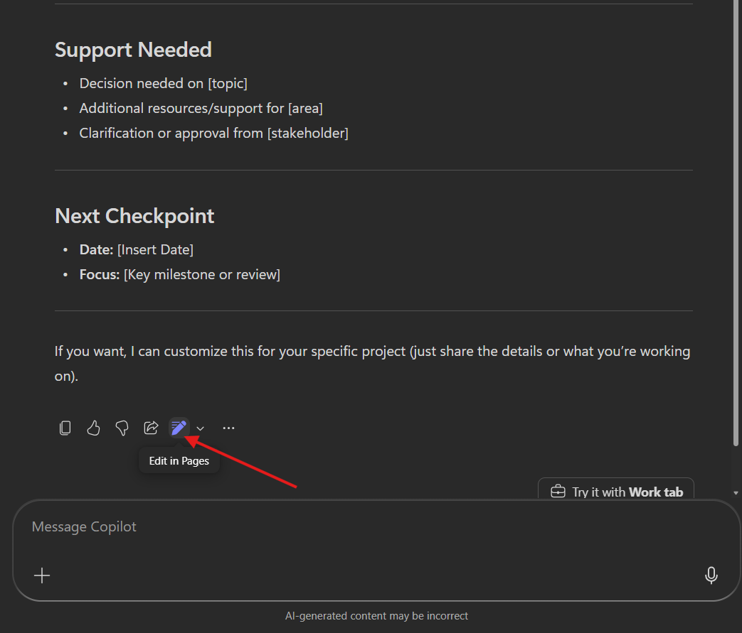 Copilot response showing the Edit in Pages button