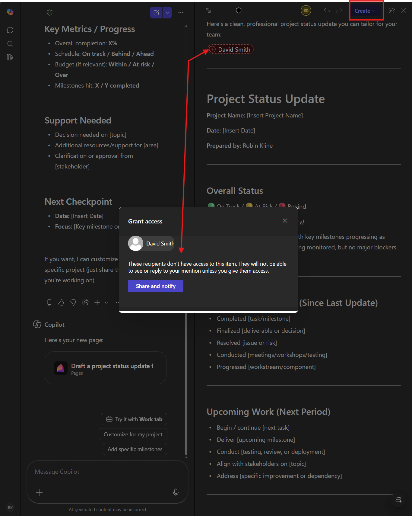 Copilot Page in editing view with sharing and collaboration