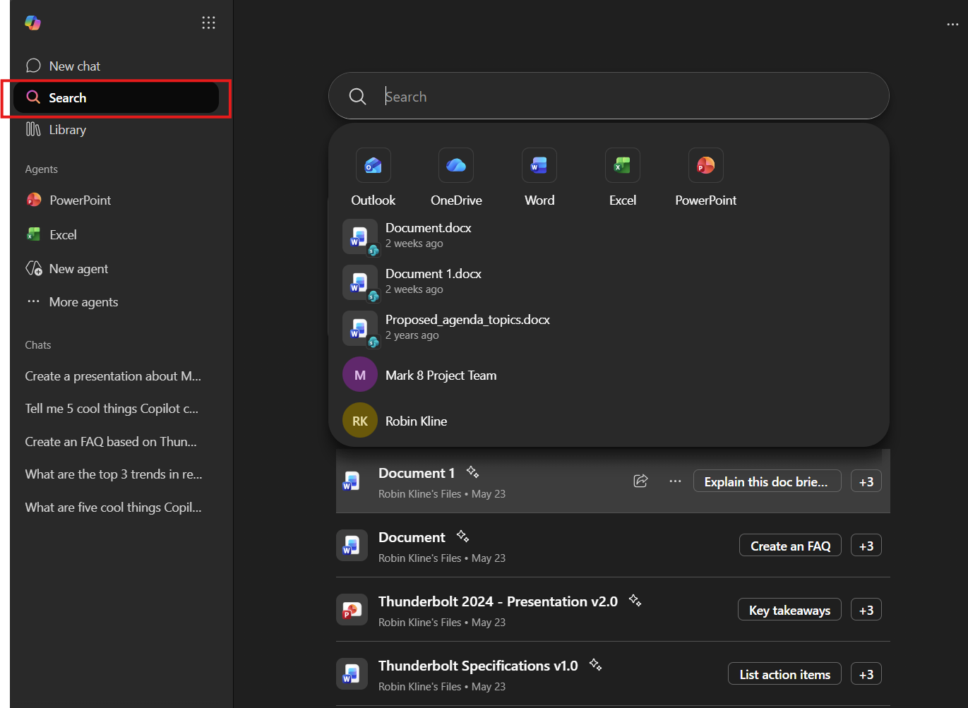 Copilot Search showing search results across M365 apps with document previews and suggested actions