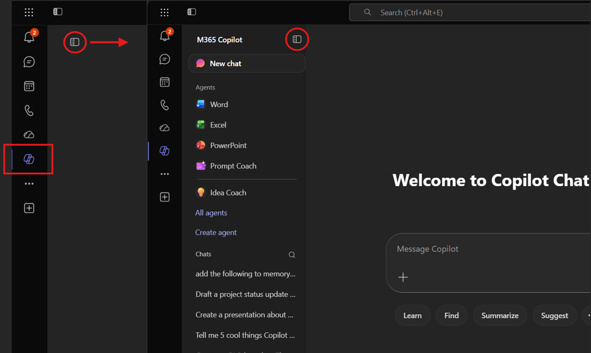 Teams showing the Copilot icon in the left nav and the Copilot Chat pane open