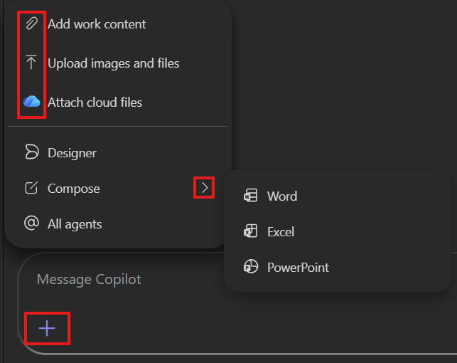 File upload menu showing Add work content, Upload images and files, Attach cloud files, Designer, Compose with Word/Excel/PowerPoint submenu, All agents