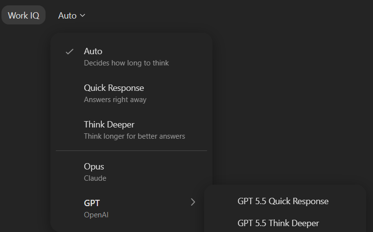Model selector dropdown showing Auto, Quick Response, Think Deeper, Opus, and GPT options